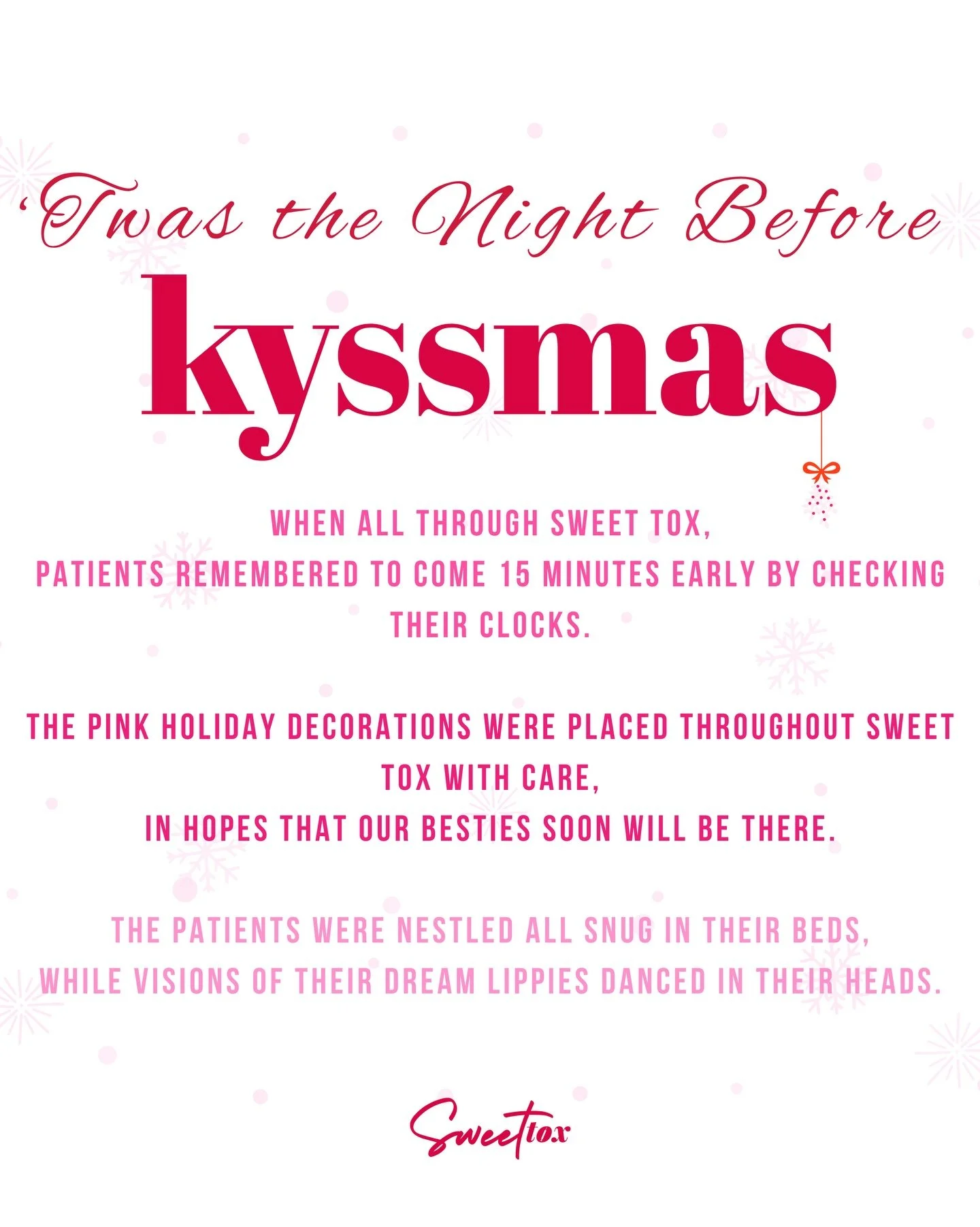 The syringes are filled

Our prep work is done 

The Sweet Tox team is ready for some Kyssmas-filled fun! 

See you all tomorrow! 💋 🎄 💫 💉