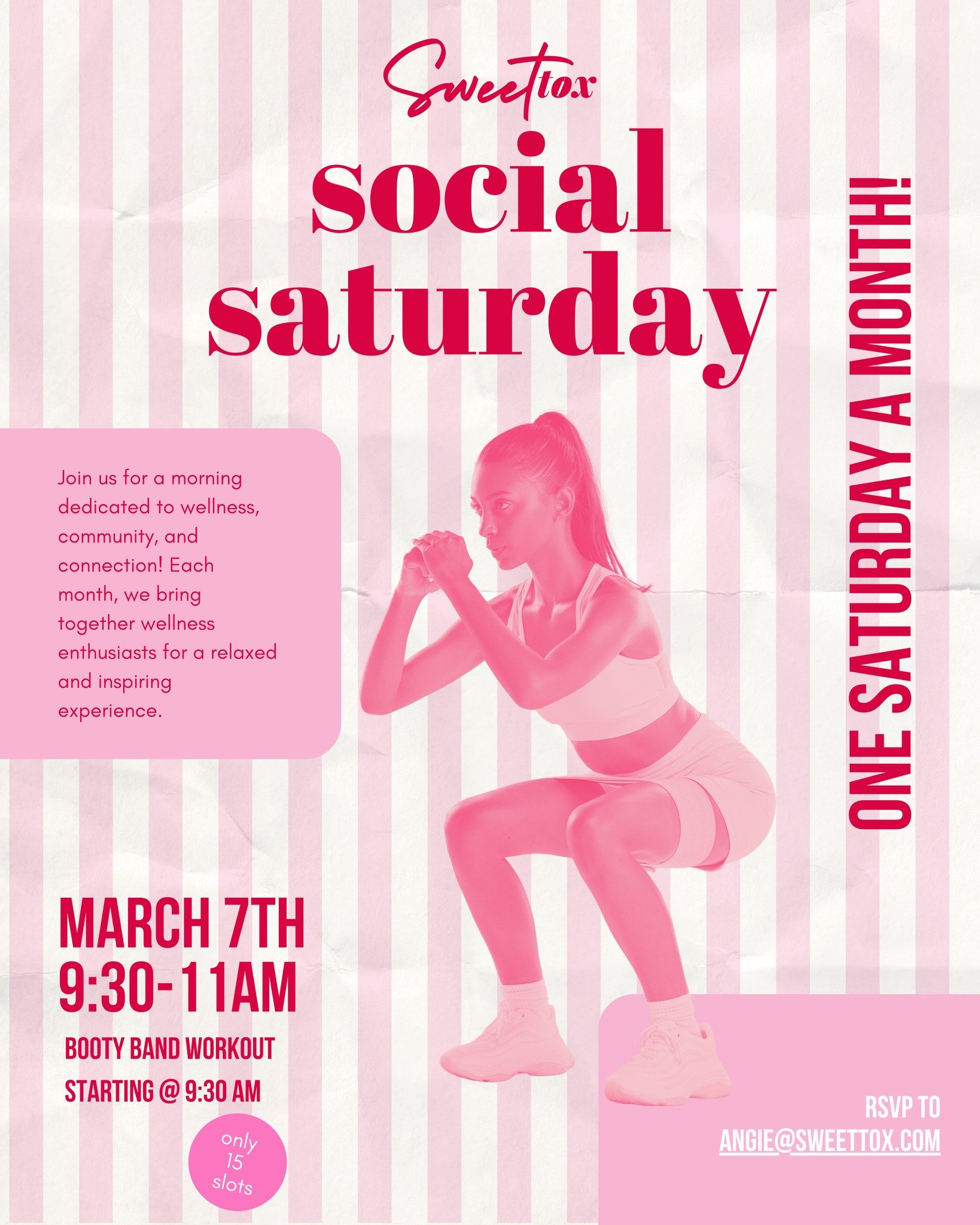 March's Social Saturday will be a booty burner, and we can't wait! 🍑

Want to join in on the fun on Saturday, March 7th here at Sweet Tox!? RSVP to angie@sweettox.com ASAP for a fire booty workout with @jennaseles with the Falls @wisconsinathleticcl