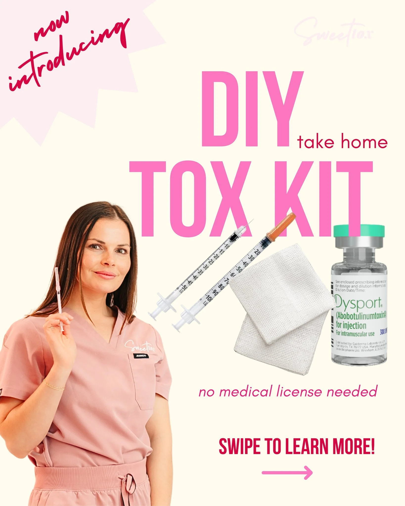 Now introducing...a Do It Yourself Tox take home kit! Half the price, half the results!

No medical license needed 😉

Swipe to learn more!
