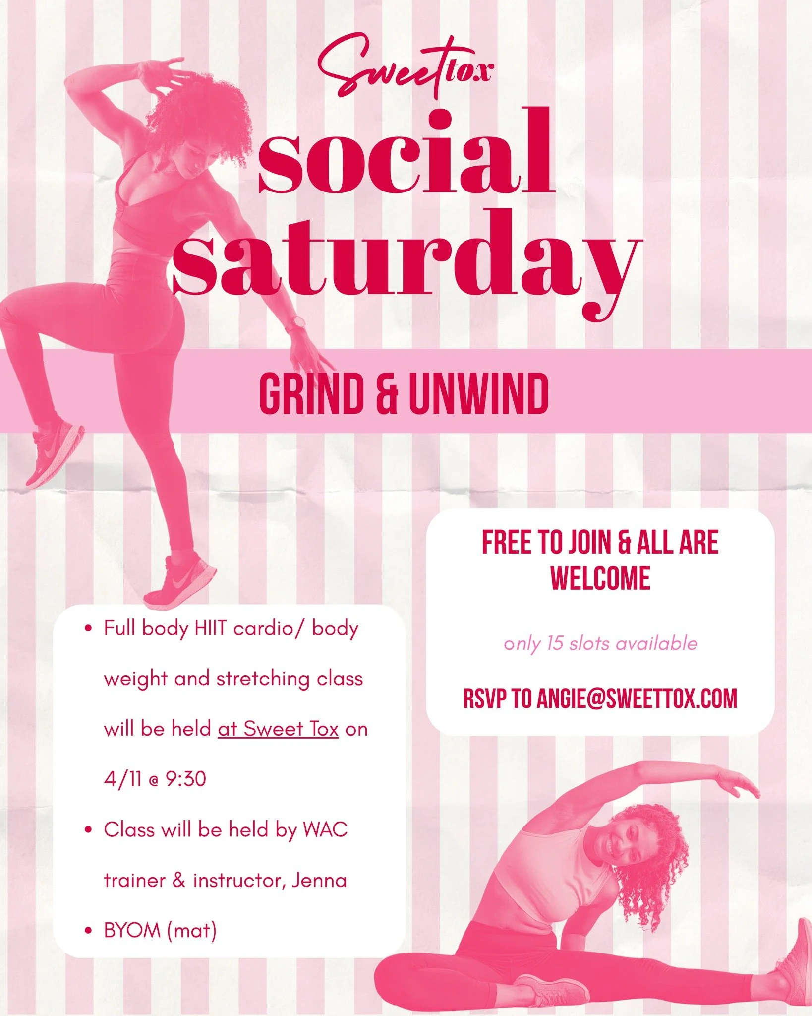 We're back this weekend with another Social Saturday 🎉

Hosted by @jennaseles from the Falls @wisconsinathleticclub, get ready to grind &amp; unwind here at Sweet Tox! We'll hit the HIIT stuff and then chill out with some stretching and lowkey movem