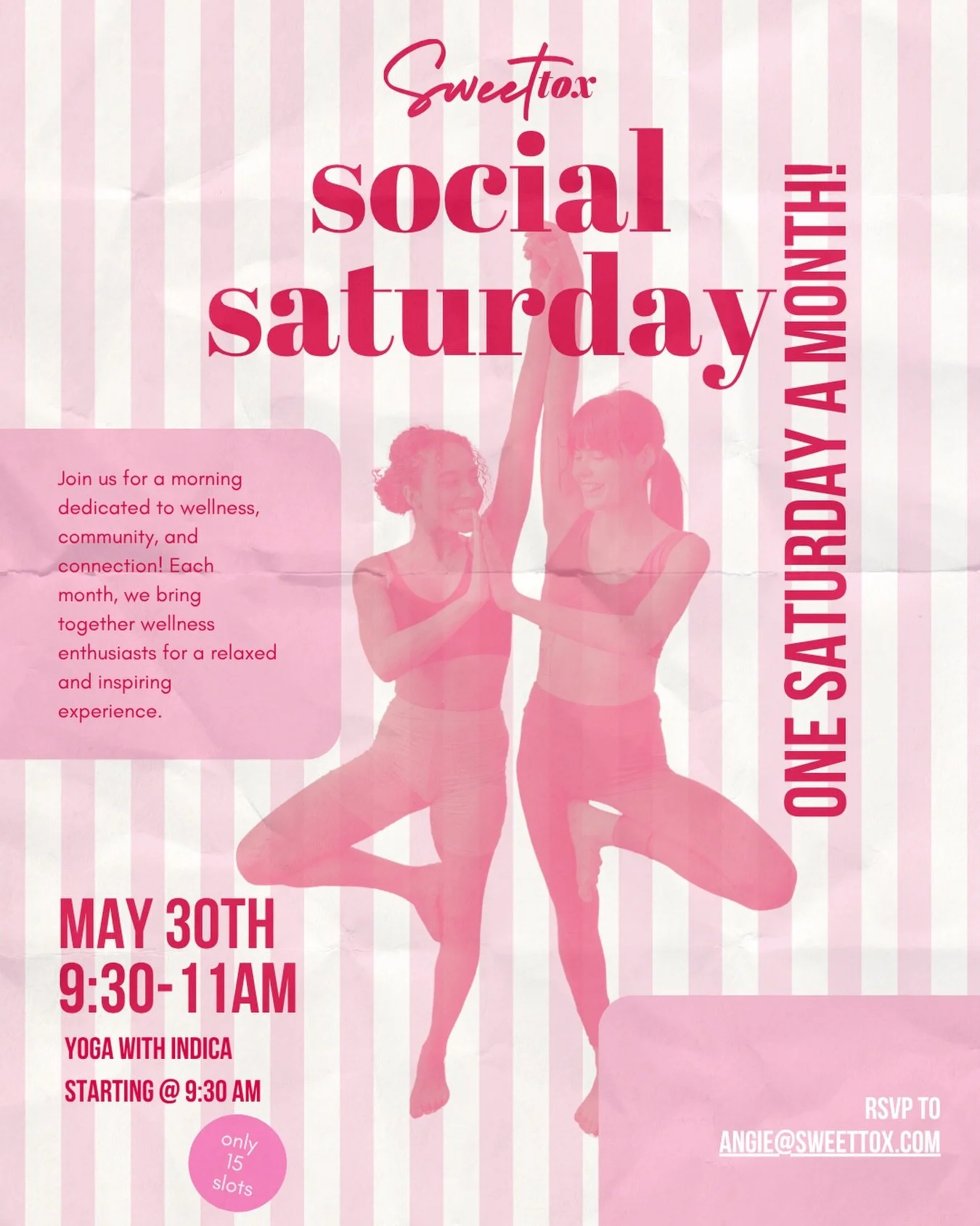 SOCIAL SATURDAY IS BACK! 💖

Join us Saturday May 30th for our Sweet Tox Social Saturday! It&rsquo;s going to be a lovely morning of yoga, wellness, and amazing vibes with your community!! 

This month we will be joined by Indica from the @wisconsina