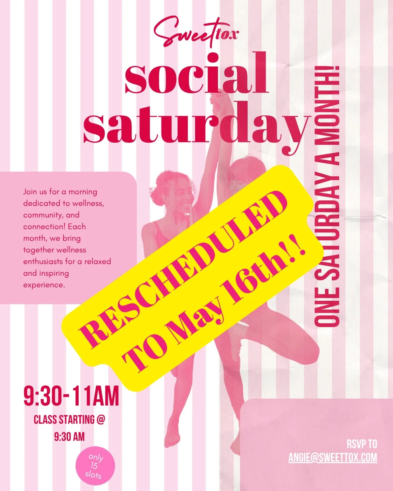 Social Saturday for the Month of May was rescheduled to this Saturday the 16th! Workout class will be determined day of 🤭 If you are interested in joining, RSVP to Angie@sweettox.com. See you all there! 🤩🏋️&zwj;♀️