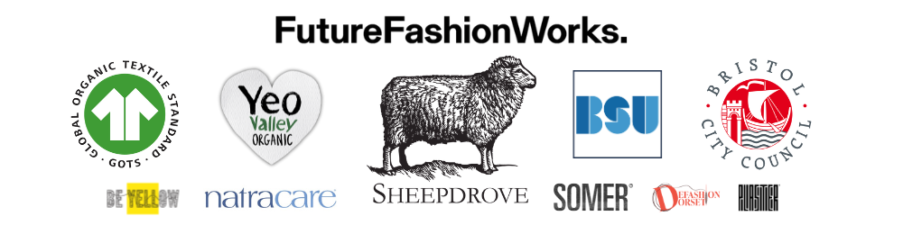 A list of sponsor and supporter logos showing who is behind A Single Thread. The logos include, Future Fashion Works, Sheepdrove, Bath Spa University, Bristol City Council, Plaster Communications, Natracare, Be Yellow, GOTS, Yeo Valley Organic