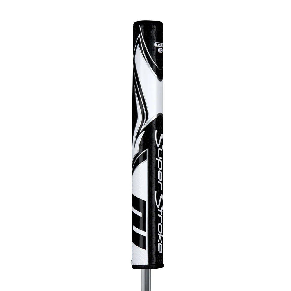 Close-up of a black, white, and silver golf club shaft labeled 'SuperStroke 3.0'.