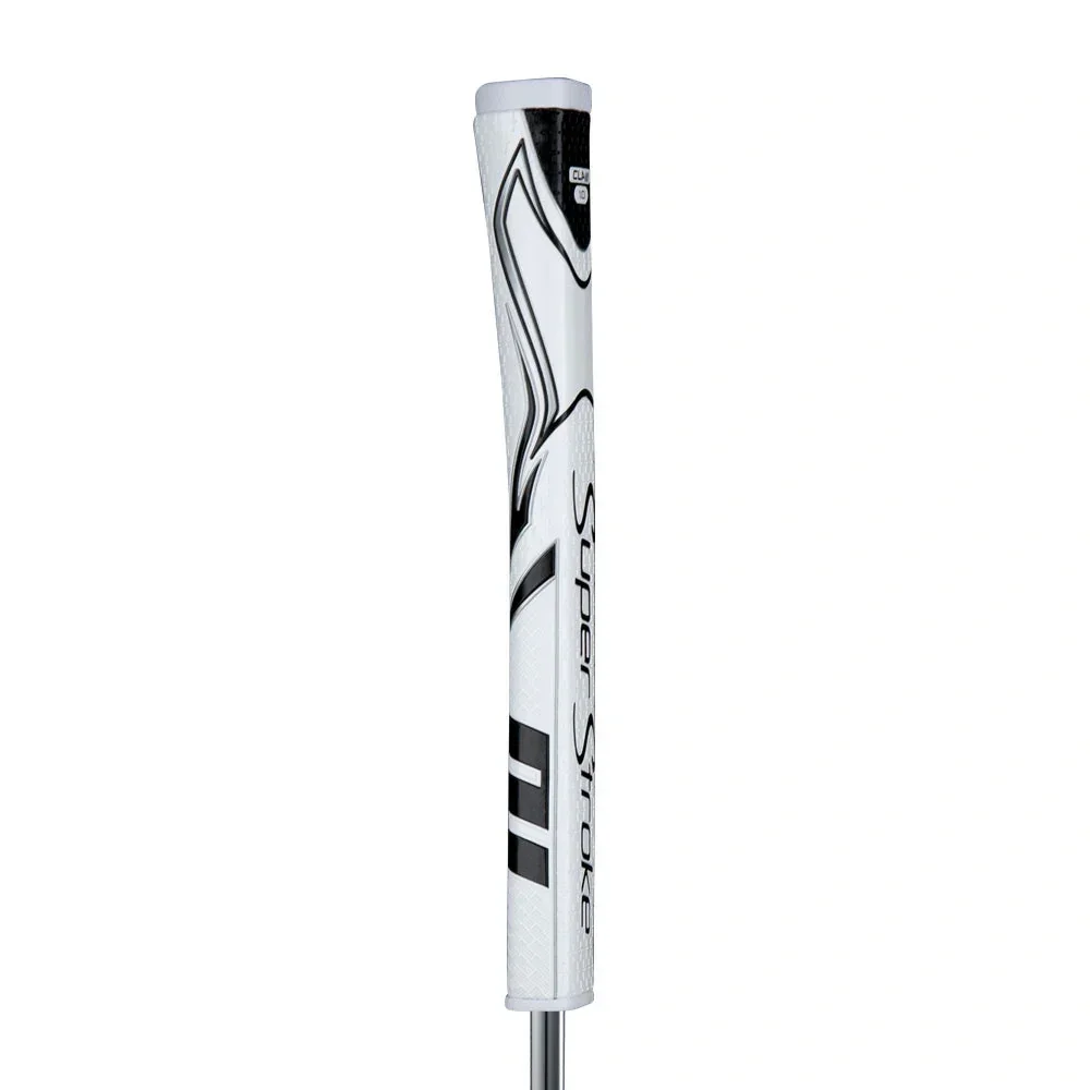 Golf club with a white and black grip, labeled 'Super Stroke'