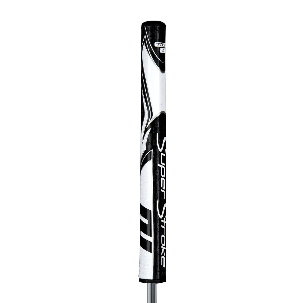 A black, white, and silver golf club with the brand name 'Super Stroke' written on it.
