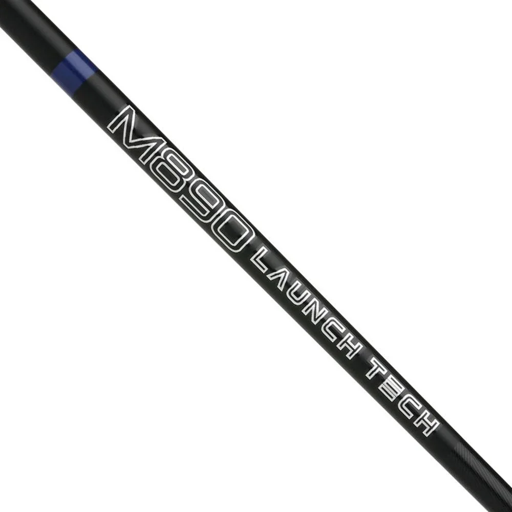Close-up of a black golf club shaft with the text 'MISSION LAUNCH TECH' printed on it.