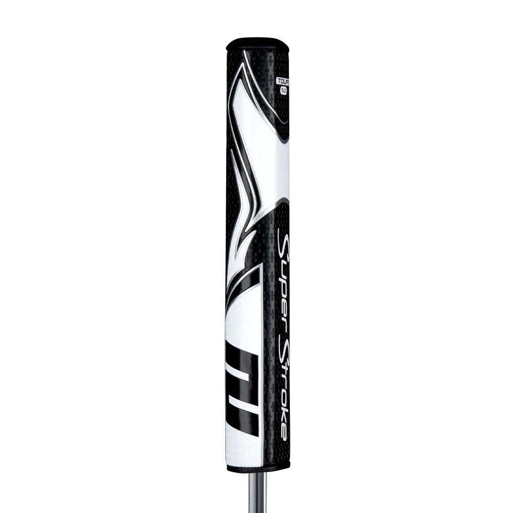 A close-up view of a golf club with a black and white shaft, labeled 'SuperStroke' and 'Tour 50'.