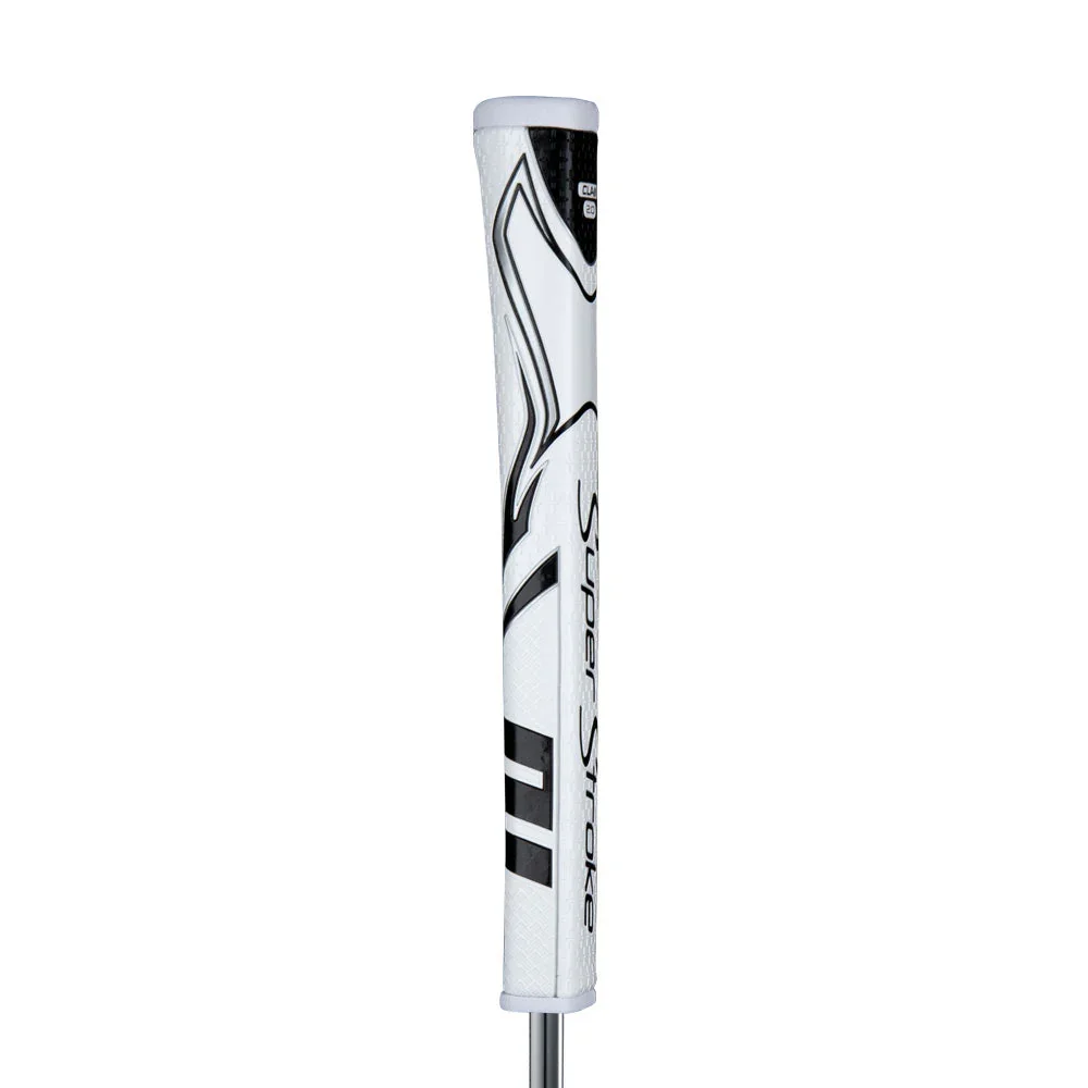 A close-up view of a white golf club shaft with black and gray accents.