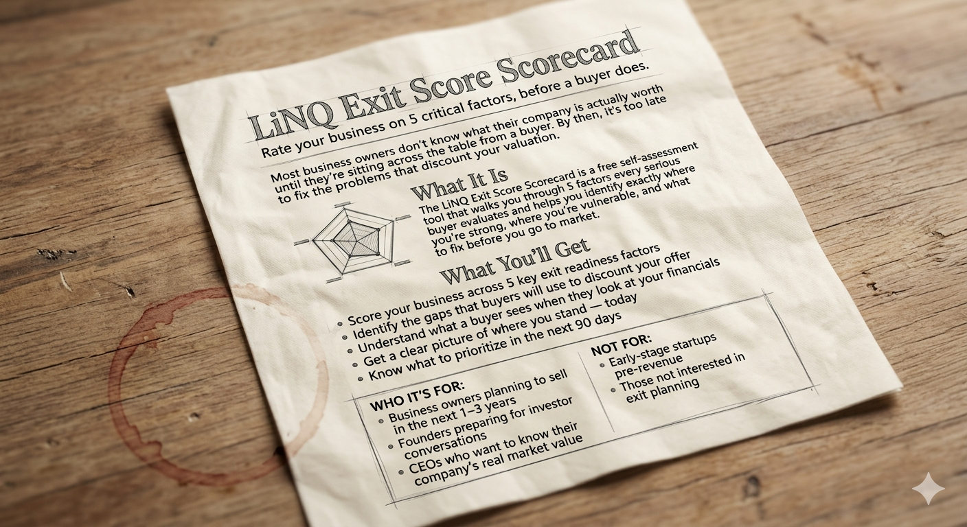 A paper titled 'LiNO Exit Score Scorecard' on a wooden surface, providing information about scoring business readiness before selling, including sections on what it is, what you'll get, who it's for, and who it's not for.