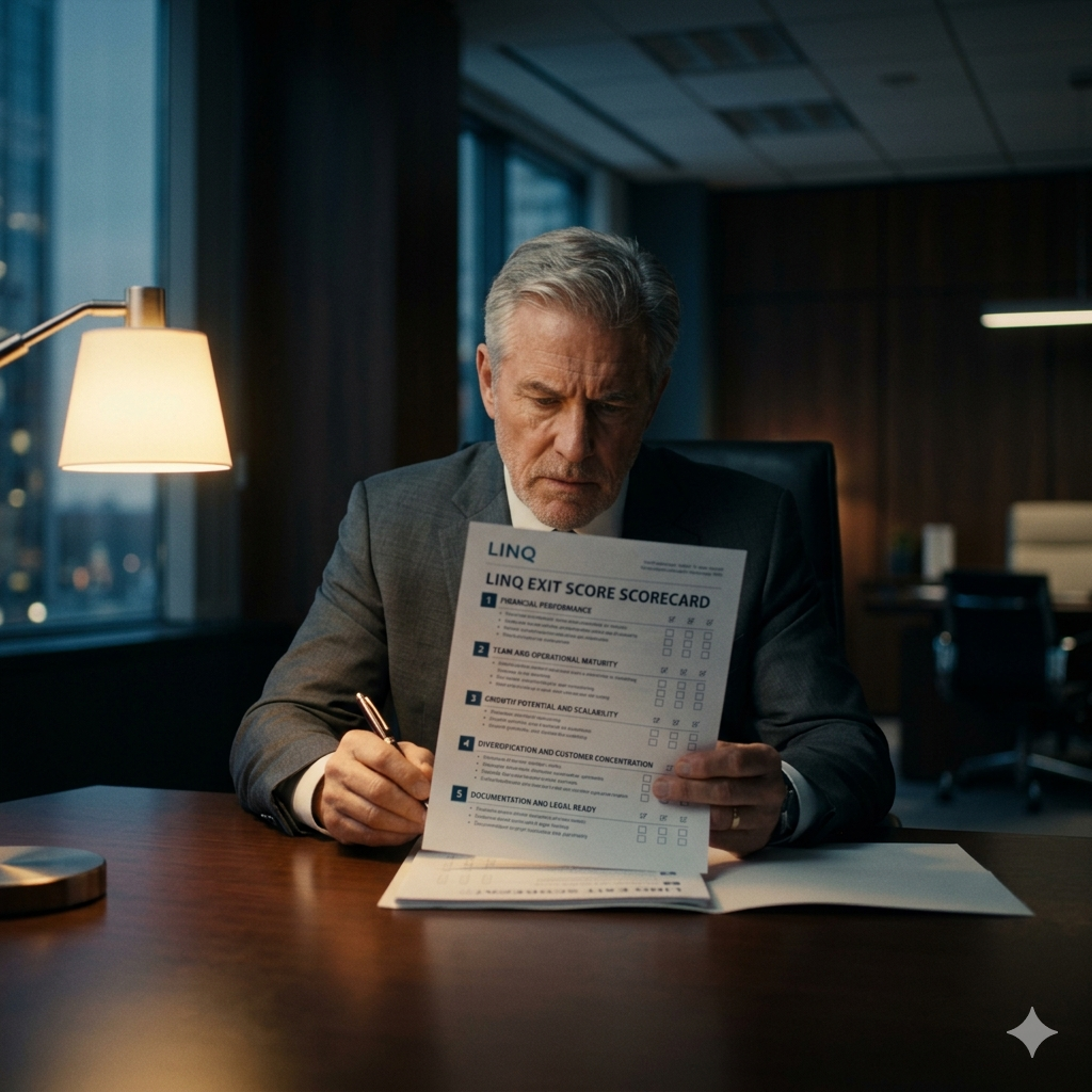 Business owner reviewing the LiNQ Exit Score Scorecard with a fractional CFO advisor