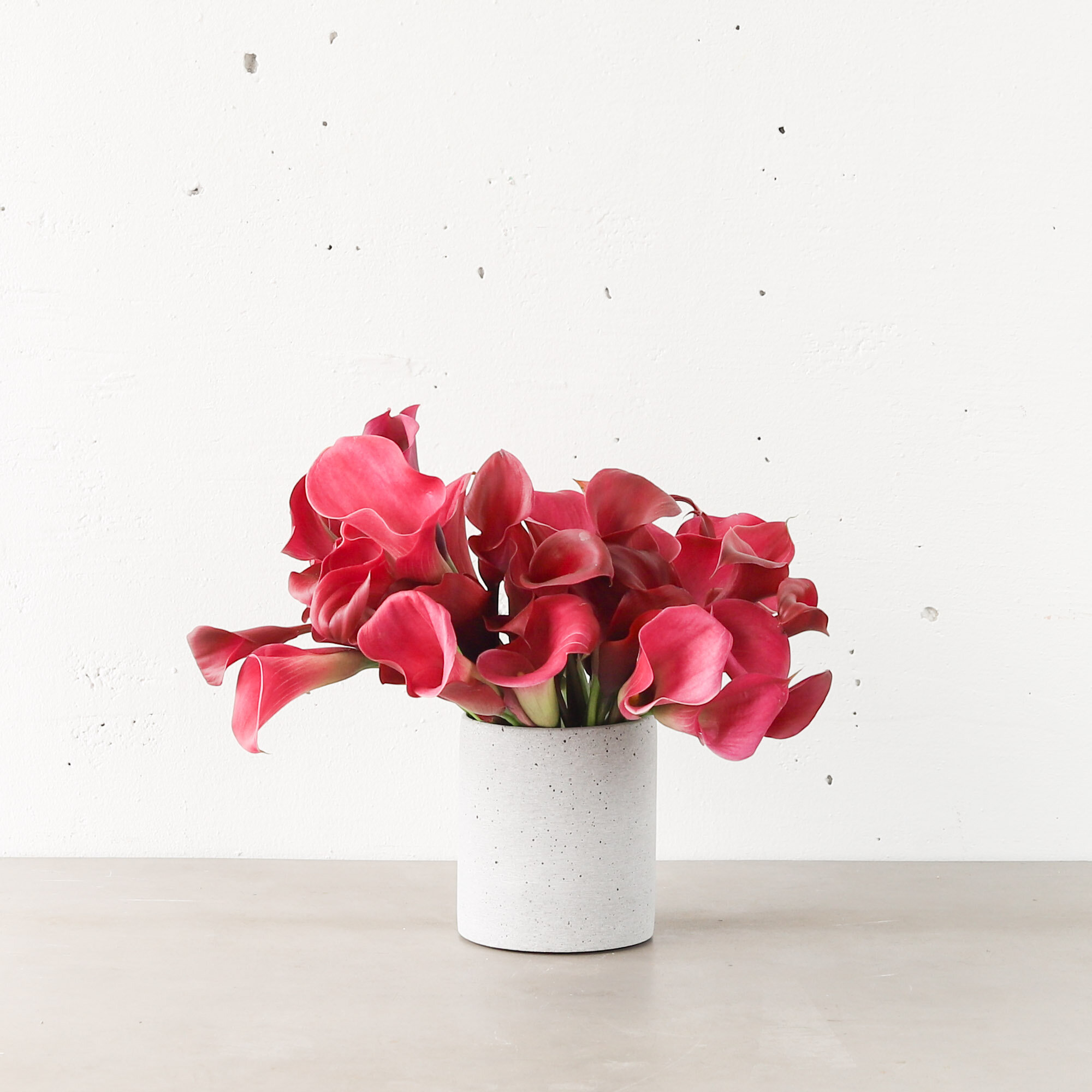 A bouquet of pink calla lilies in a white vase on a table top
