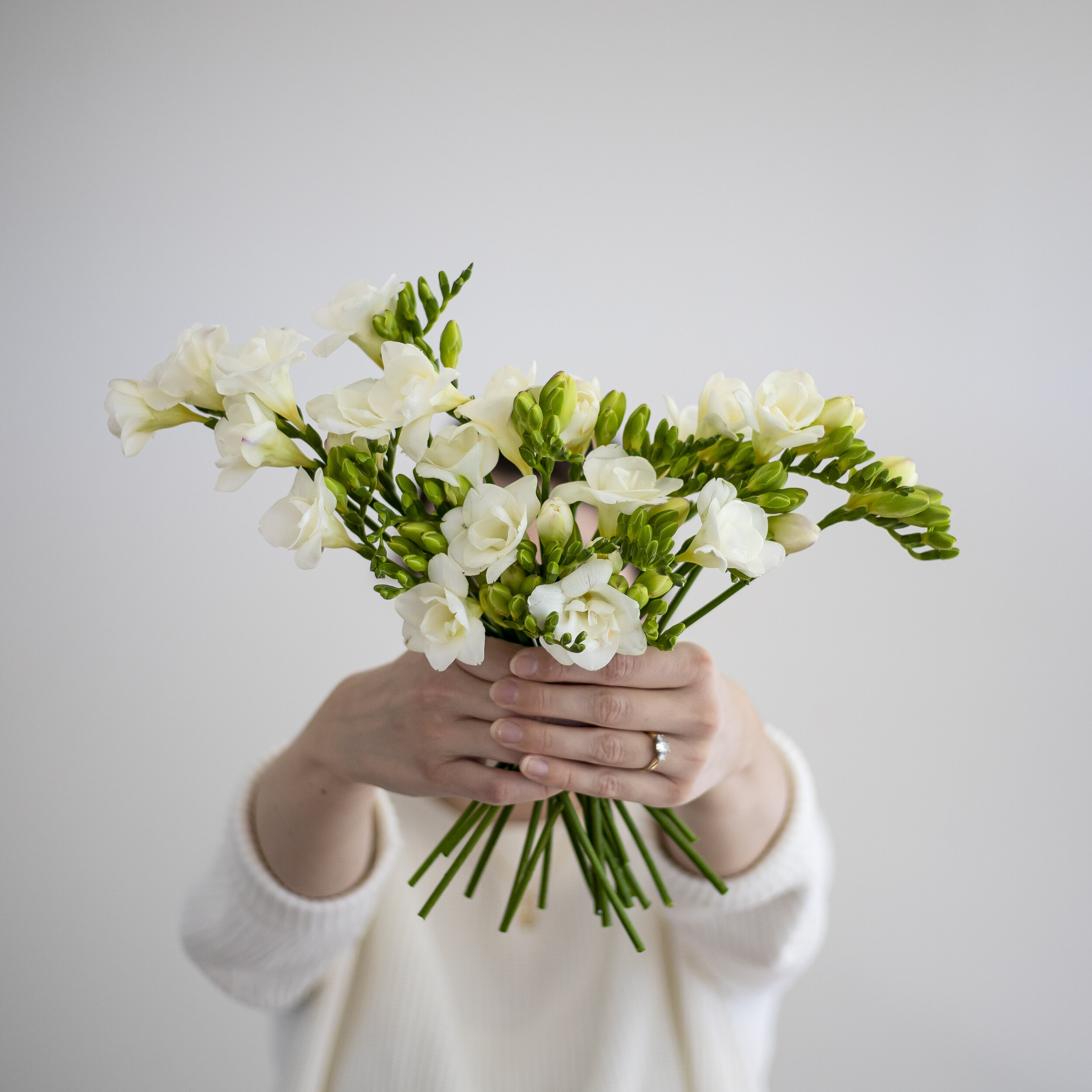 A bouquet of white freesia flowers being held up by a person in front of a white background