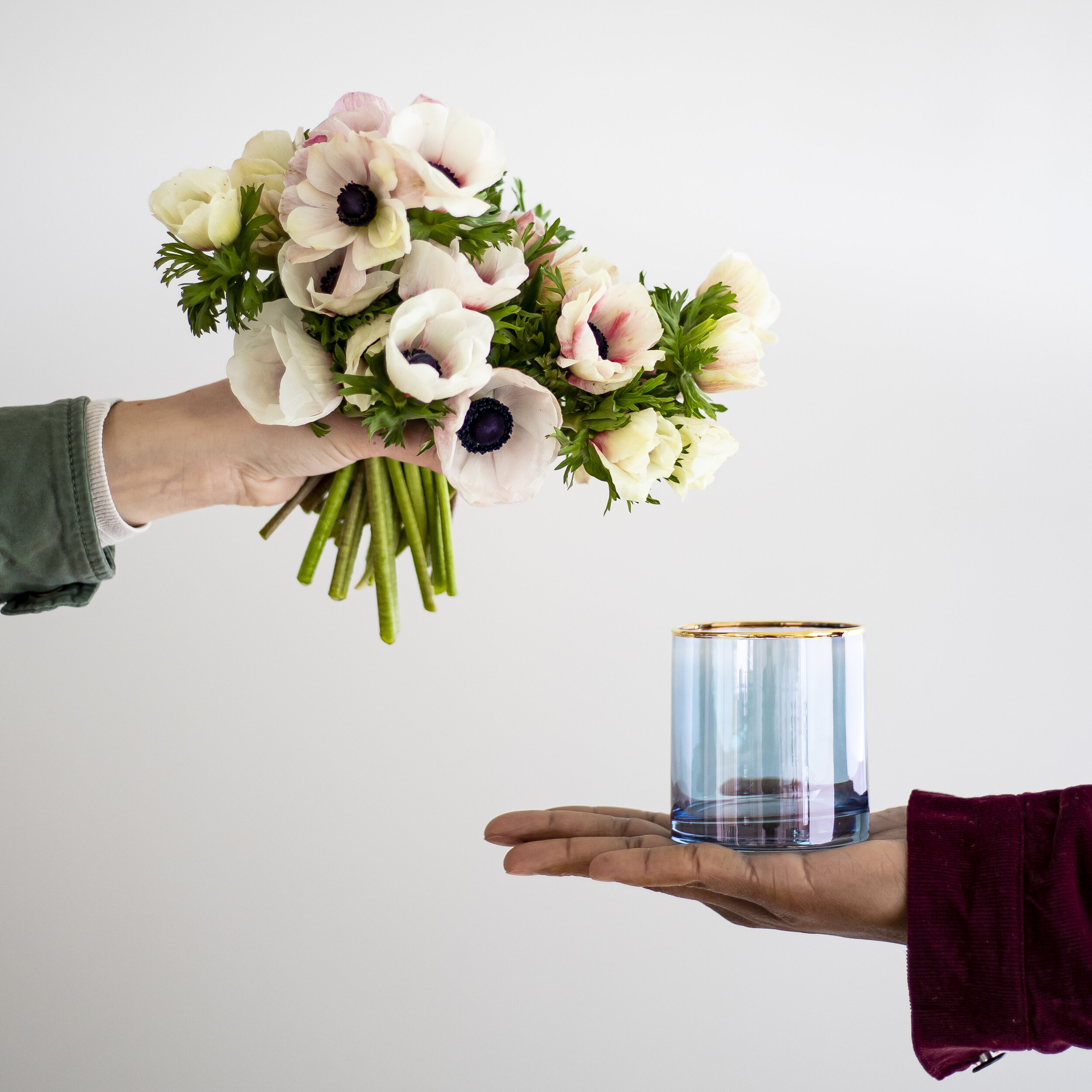 Light link and ivory anemone stems held in one hand, with another hand holding a transparent blue glass vase in the other