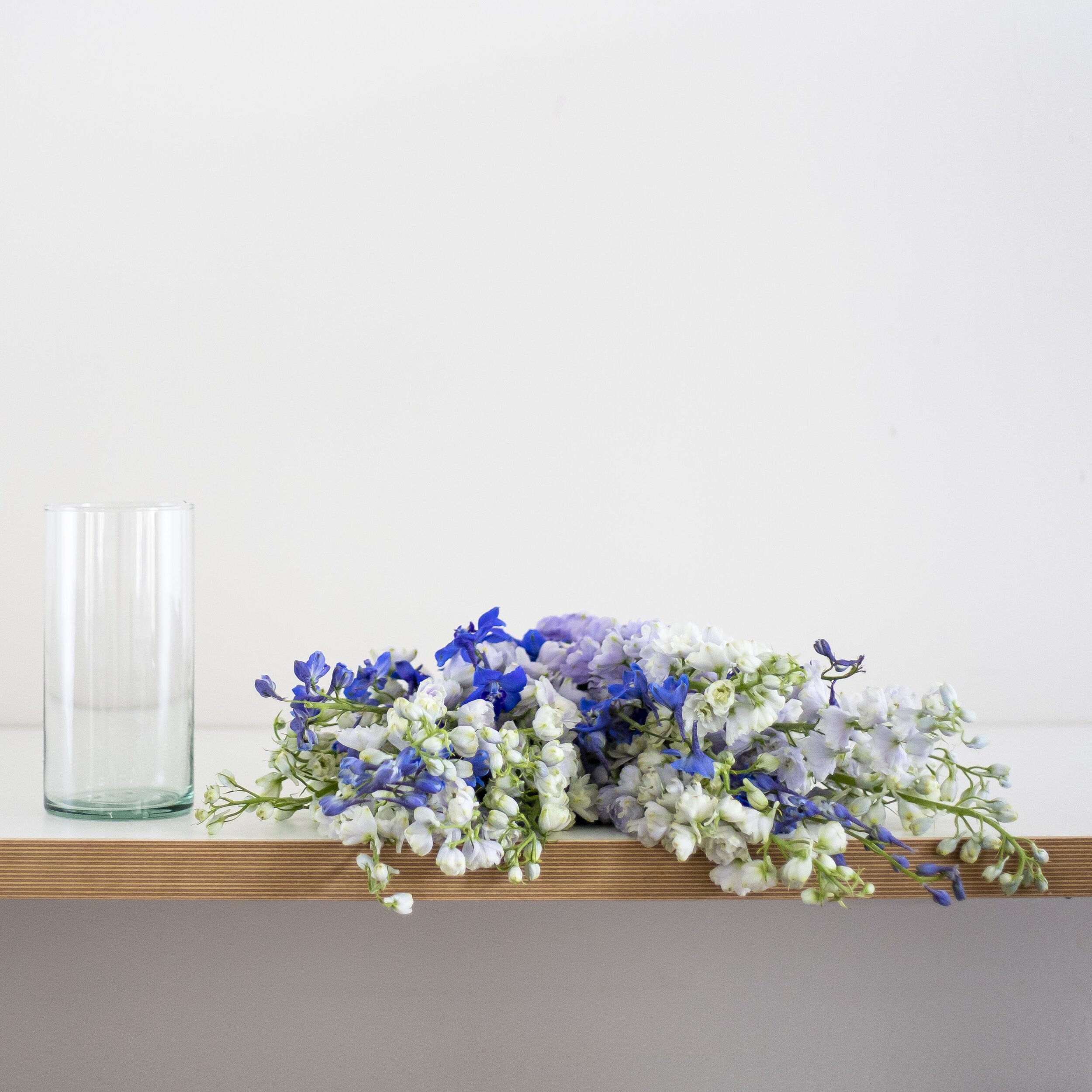 Light purple, purple, and bold blue stems of delphinium laying flat with a glass vase next to them