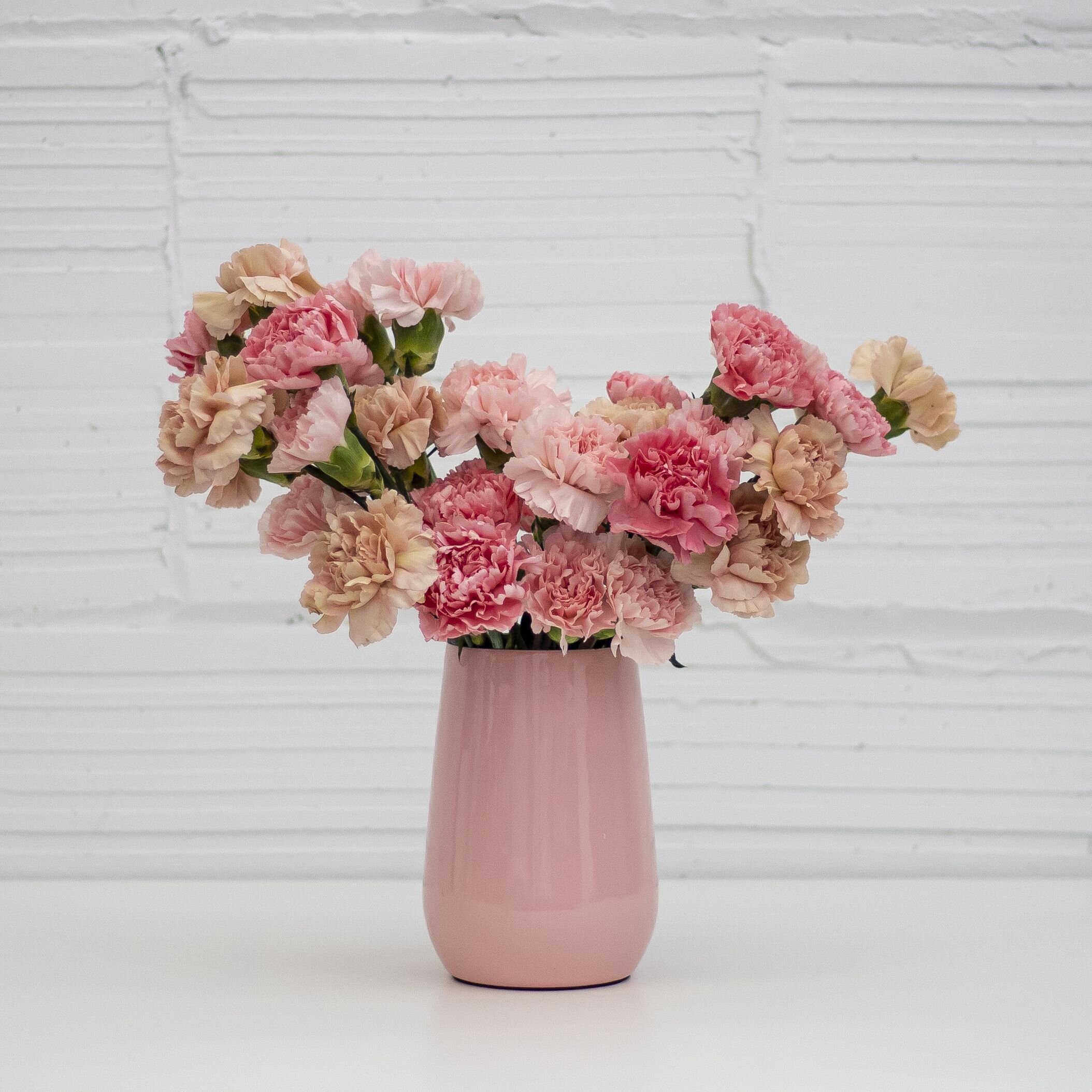 An arrangement of light pink and medium pink carnations in a pink vase on a white table