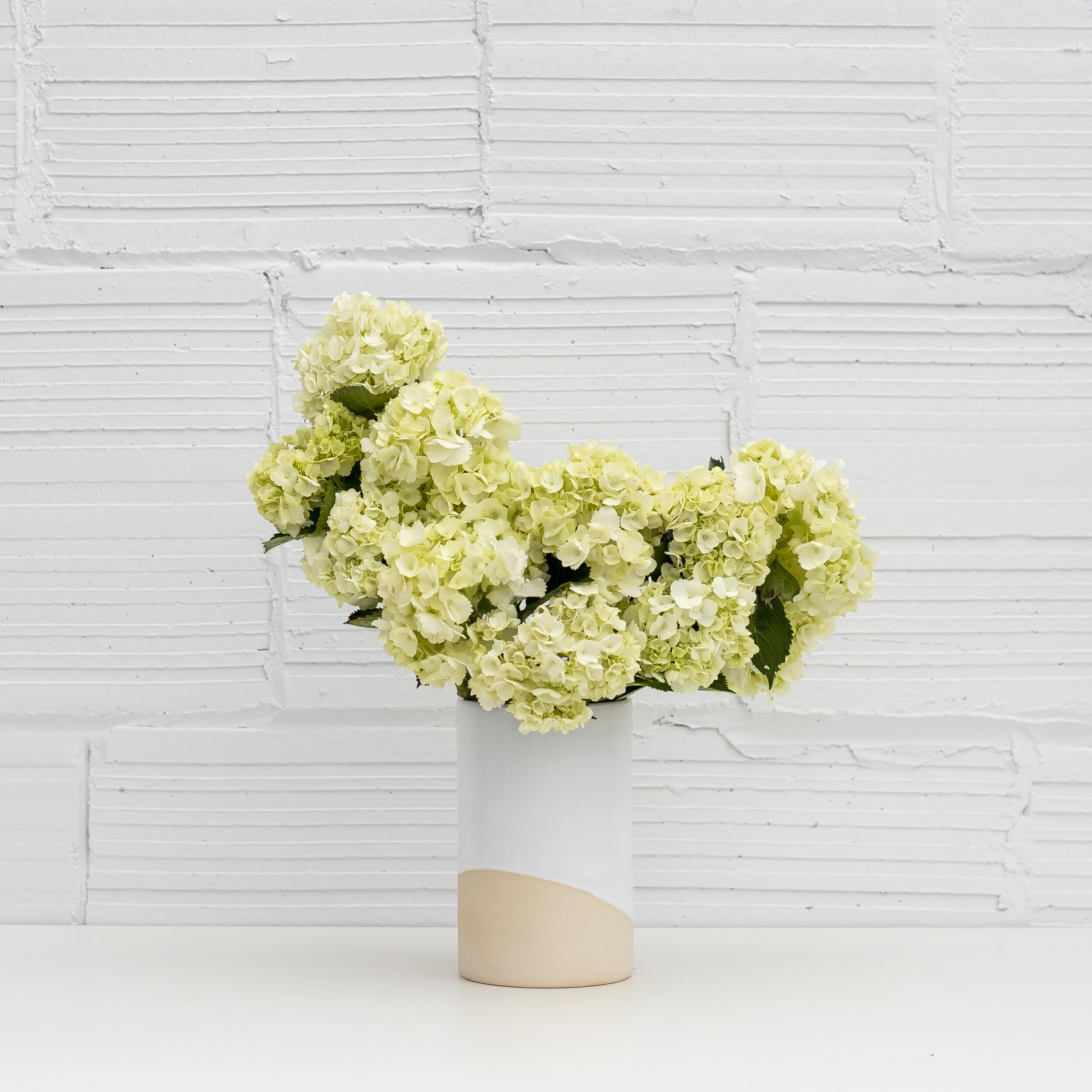 An arrangement of yellow hydrangea stems in white and tan vase