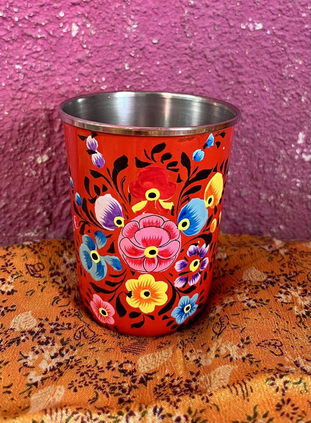 Stainless Steel Cups bhanga / Enamel-coated and Hand-decorated