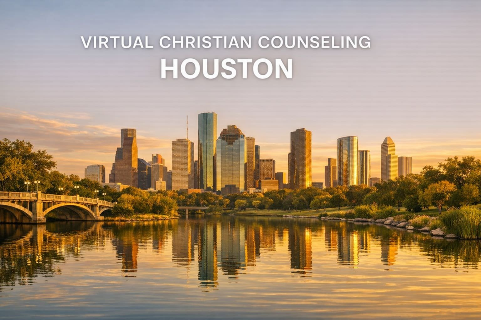 Image of the Houston skyline overlooking a lake.