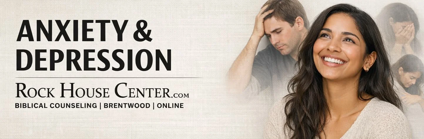 Hispanic lady smiling with joy man experiencing anxiety.  Banner reads Anxiety & Depression Rock House Center.com in taupe color scheme