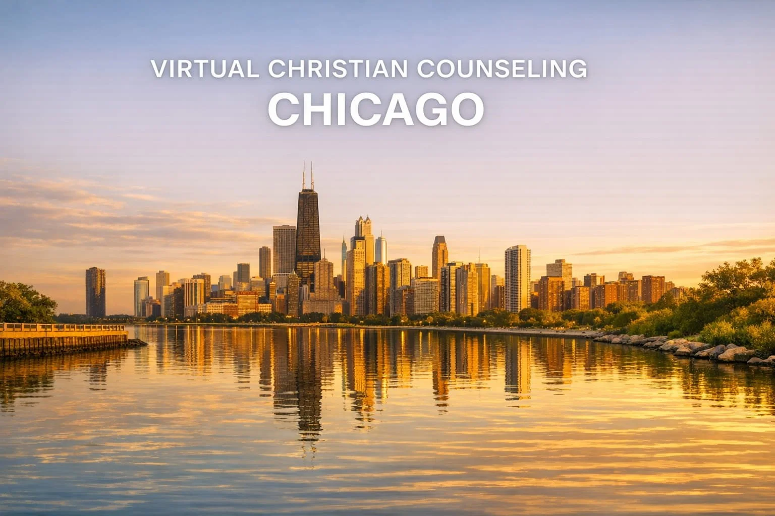 An image of the Chicago skyline with waterfront.