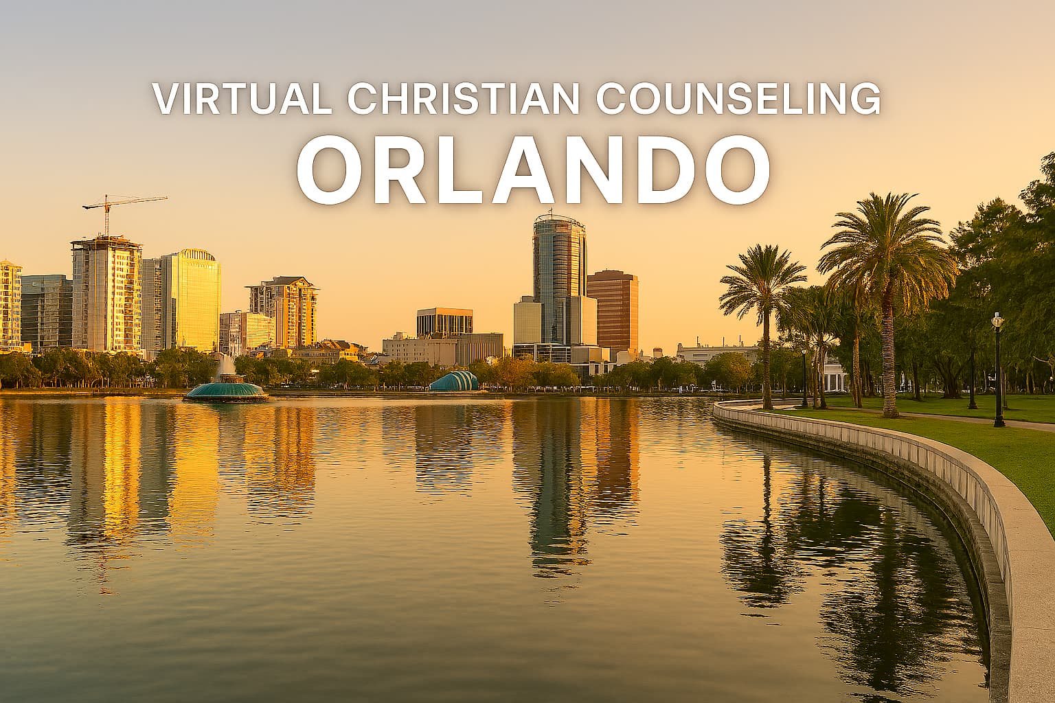 Serene picture of Orlando Florida Skyline with virtual christian counseling banner