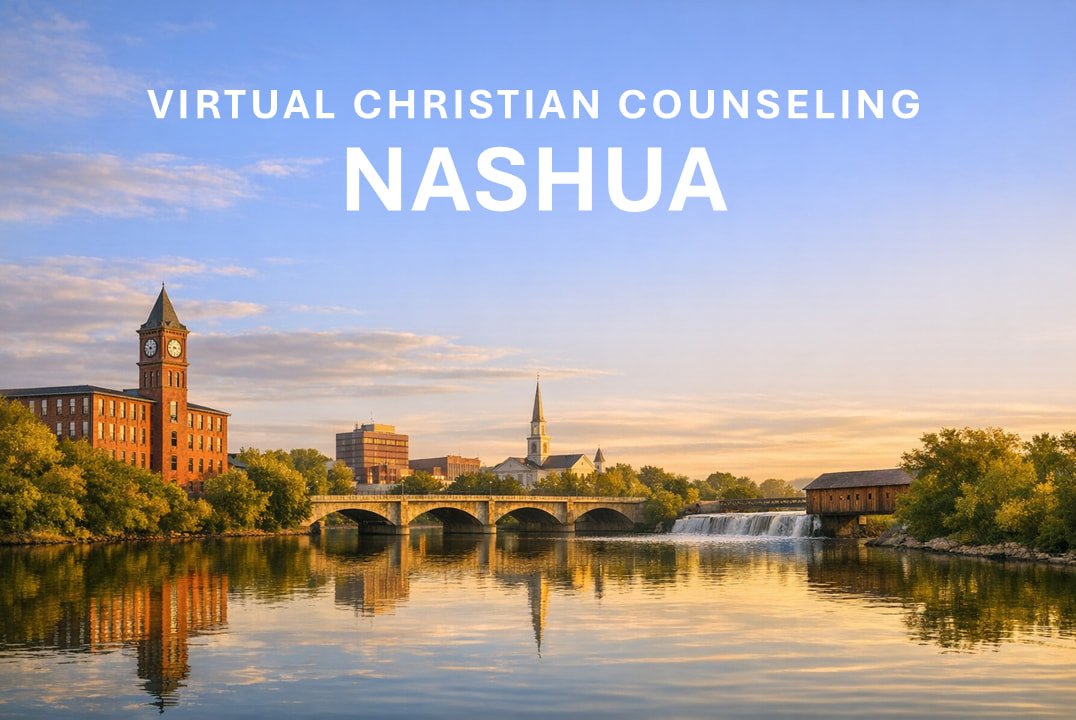 An image of the Nashua city skyline reflecting on the waterfront.