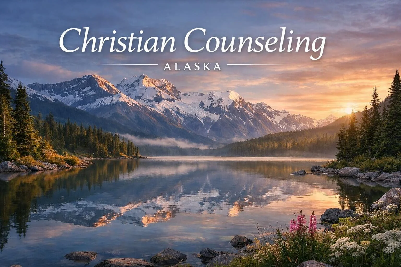 Scenic Alaska Mountain view with Christian Counseling Banner