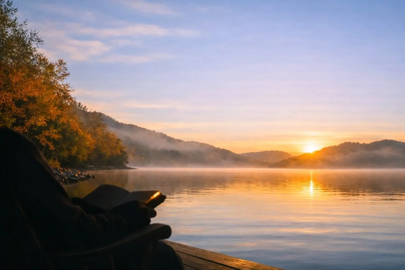 Silhouetted person reading a book on a lakeside deck at sunrise, peaceful Christian reflection scene.