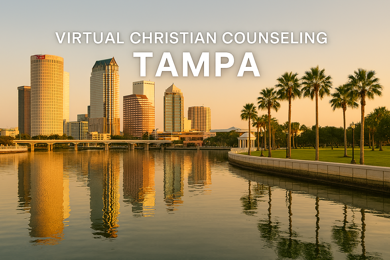 Serene skyline Tampa Florida with Virtual Christian Counseling Tampa Banner