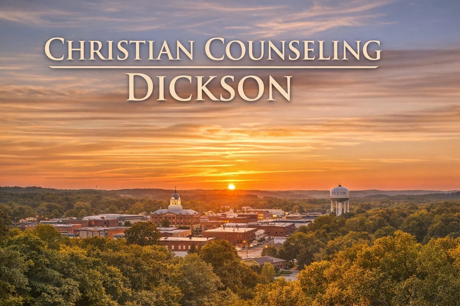 Christian Counseling banner for Dickson, Tennessee showing the town nestled in trees at sunset with courthouse and water tower visible.