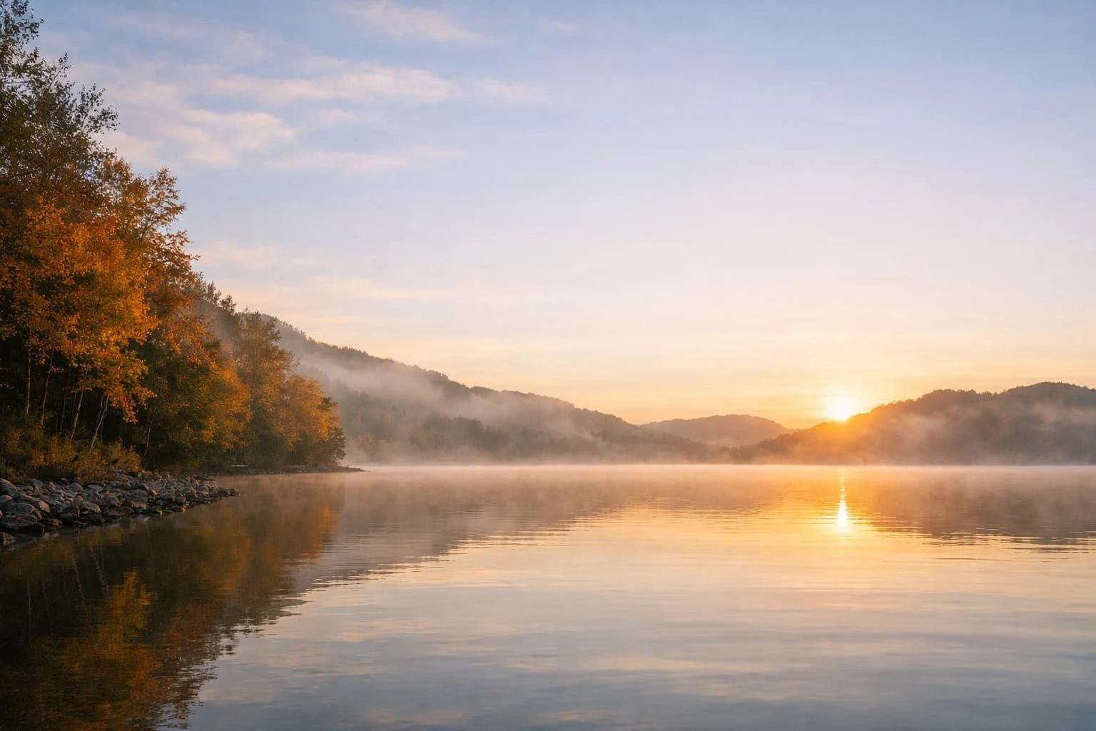 Calm lakeside sunrise with autumn trees and mist, setting a peaceful tone for Christian counseling.