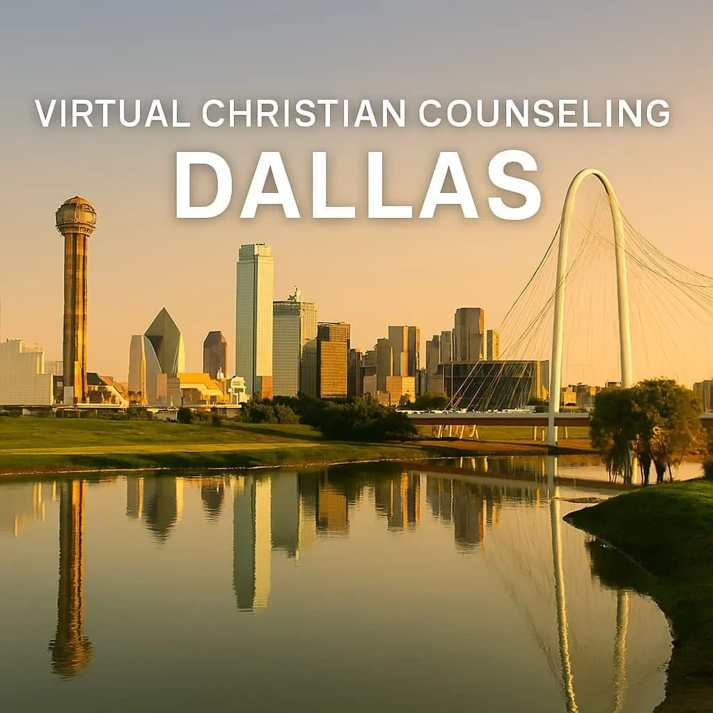 Serene Dallas Texas skyline with Virtual Christian Banner