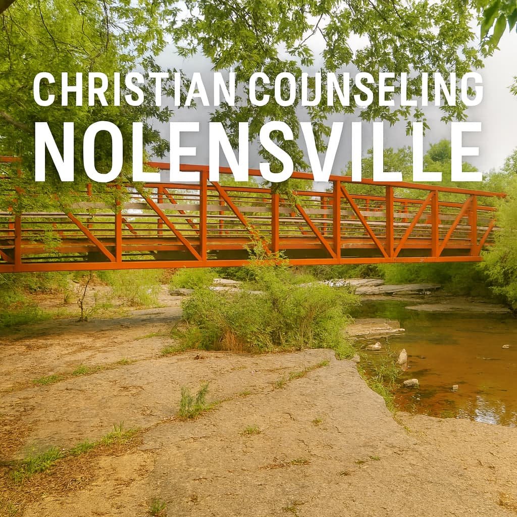 Serene image of Nolensville Pedestrian Bridge with Christian Counseling Nolensville banner.