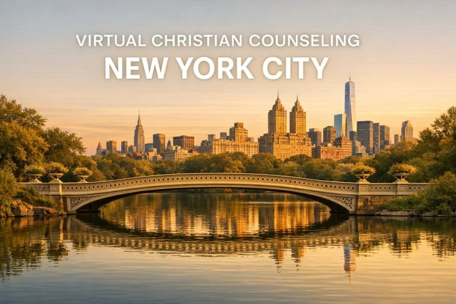 Image of Bow Bridge in NYC with a cityscape backdrop