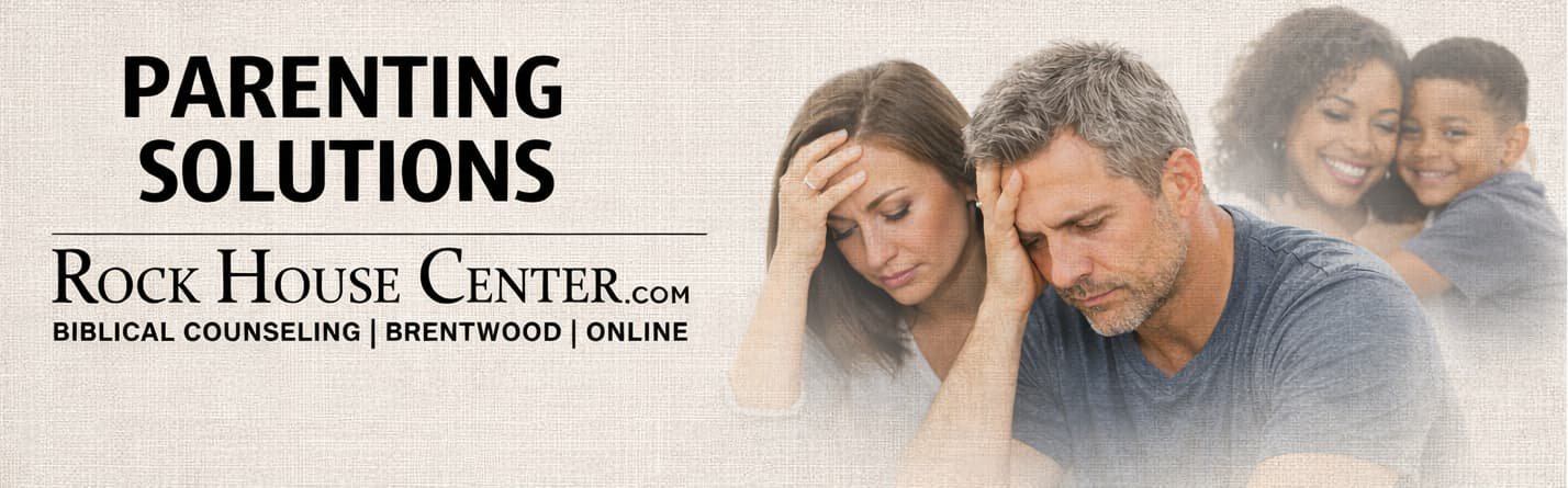 Grief Solutions banner for Rock House Center featuring a sorrowful woman in the foreground and grieving individuals in the background, with bold text and counseling service details.