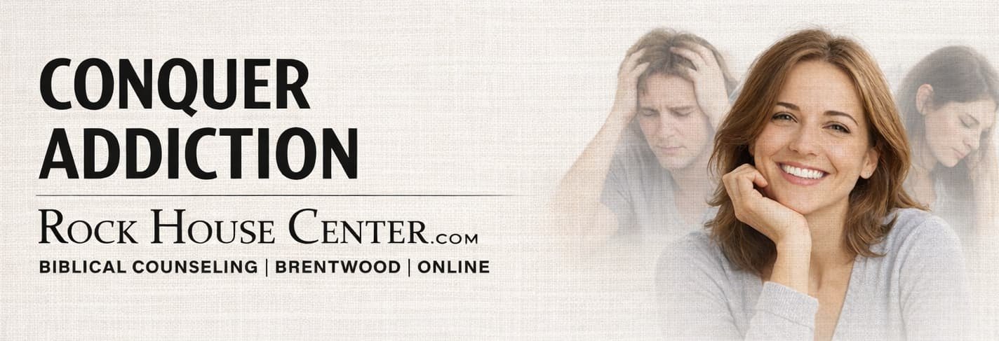 subtle taupe background red head smiling man holding his head banner reads conquer addiction rock house center.com