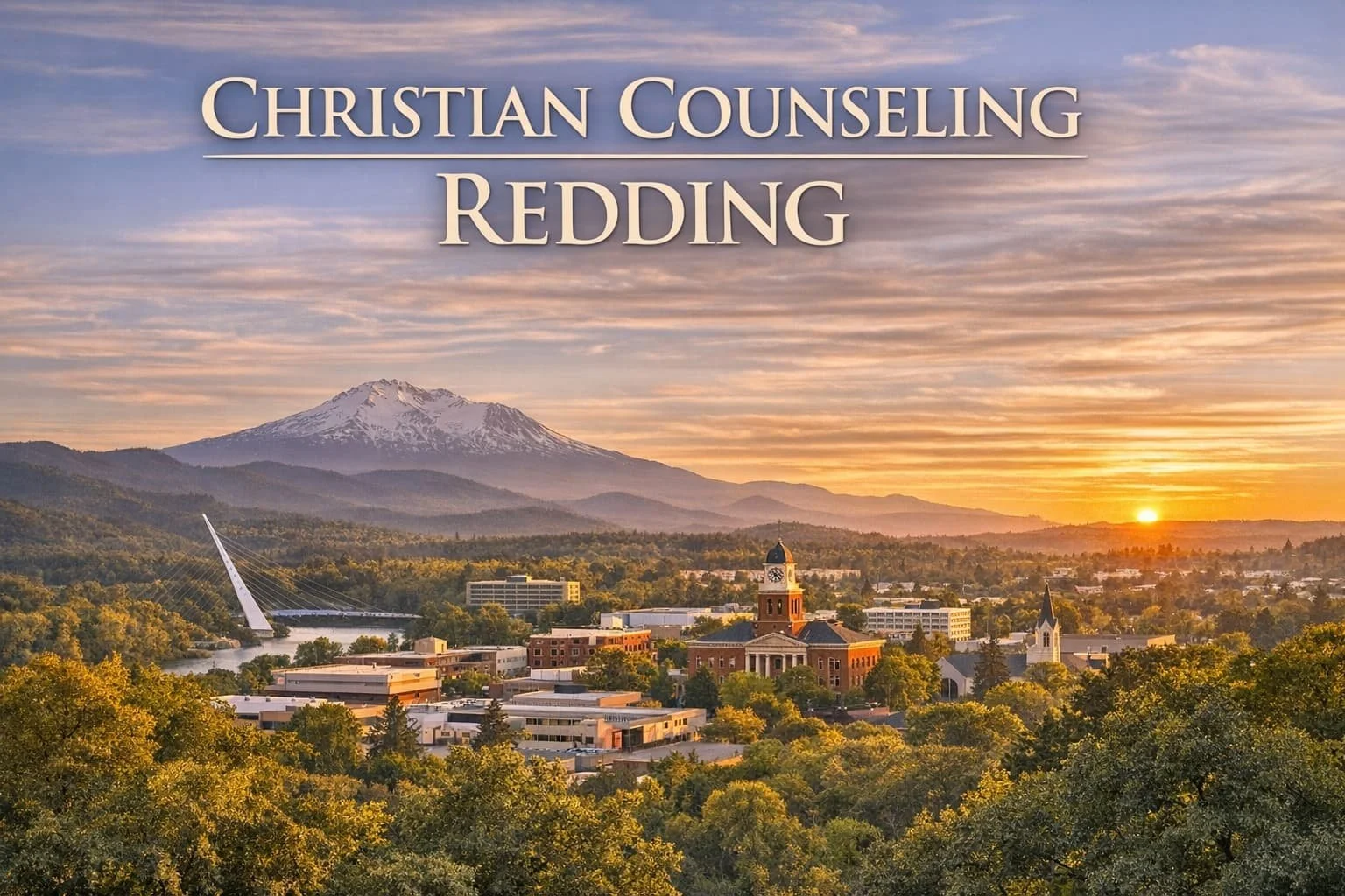 Christian Counseling banner for Redding, California showing the city center nestled in trees with Mount Shasta in the background.