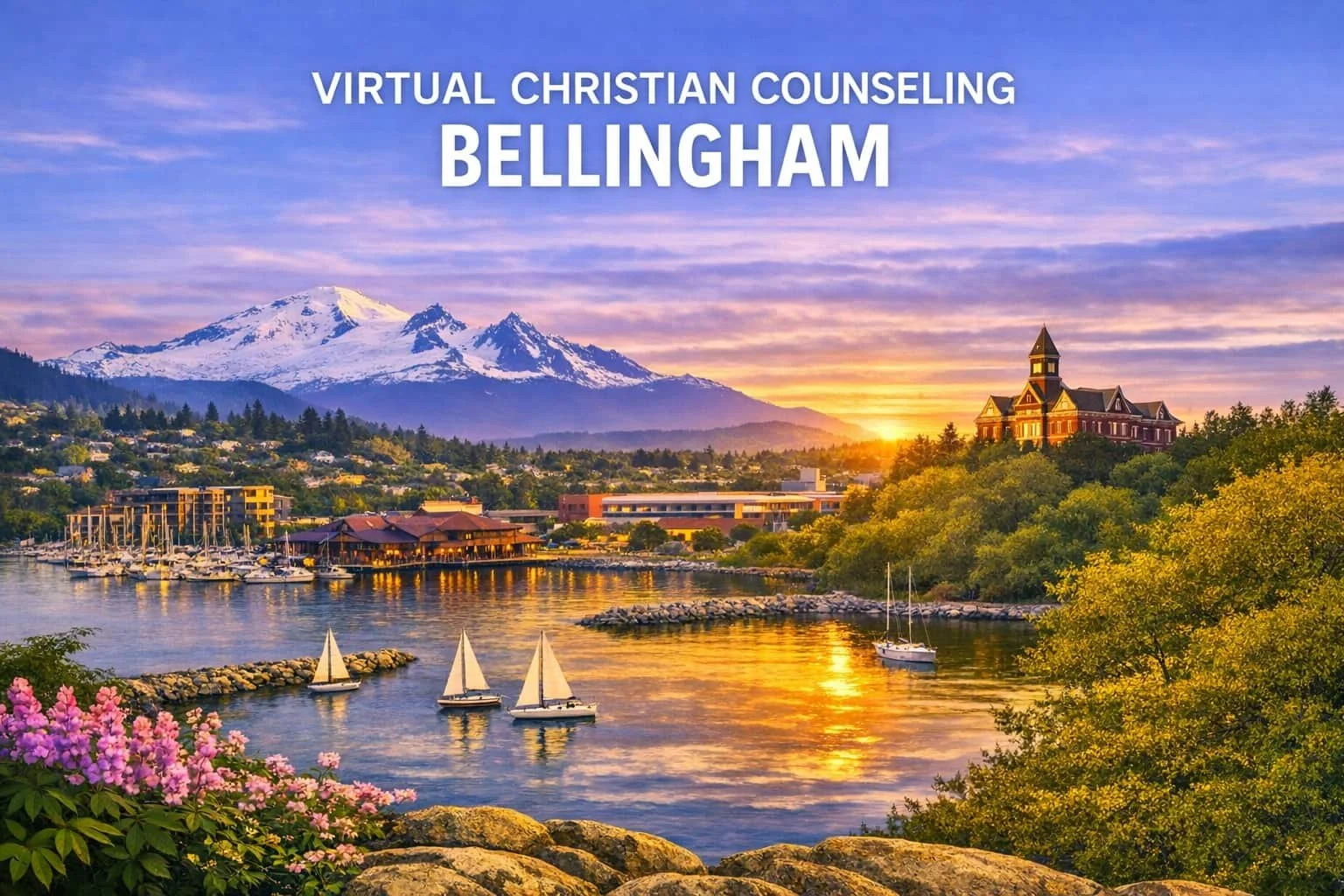 An image of Bellingham's lake and mountain range.