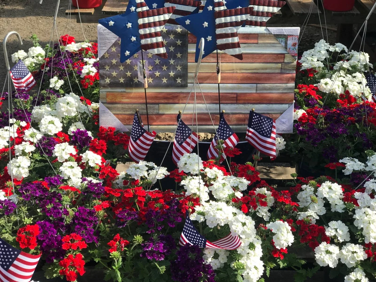 Flower display in red, white, and blue colors for Independence Day at Godfrey Nursery.