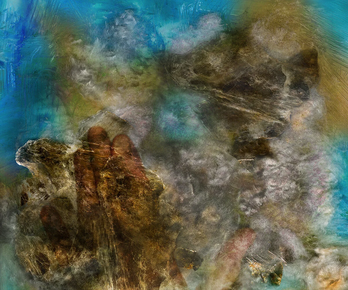 Mica Turned, 24 x 20", mixed media on metal, mica and kapok, 2019