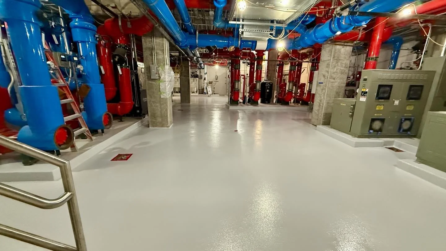 &bull; MECHANICAL ROOMS &bull;

We see these a lot. They require a resilient resinous flooring system that will protect the surface from wear and tear, chemical spills, and thermal damage. 

Installs like these include multiple steps, coats, and a co