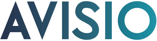 Logo "Avisio" écrit en dégradé bleu et blanc sur fond blanc.