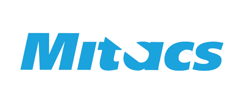 Logo "Mitacs" écrit sur fond blanc. Mitacs est écrit en bleu avec une ligne diagonale blanche recouvrant partiellement le « t » et le « a ».