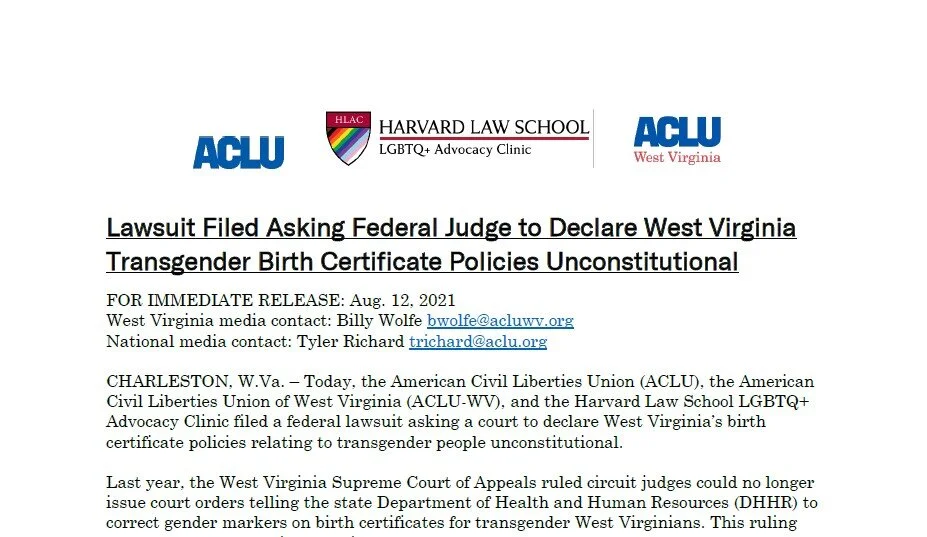 Lawsuit Filed Asking Federal Judge to Declare West Virginia Transgender Birth Certificate Policies Unconstitutional