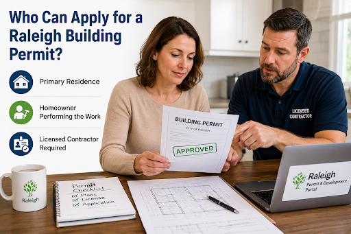 Homeowner reviewing a Raleigh building permit application with a licensed contractor before starting a home remodeling project.