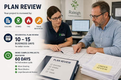 City officials reviewing residential construction plans during the Raleigh building permit plan review process, including building, zoning, fire, and trade inspections.
