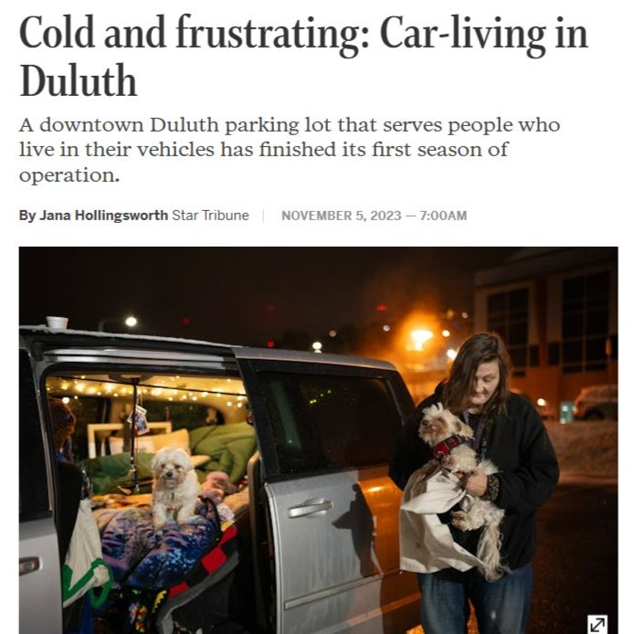 Duluth's Safe Bay program provides people living in their cars access to showers, gas cards, internet, supportive services, charging stations and meals, while on-site staff keep everyone safe.

We can learn from Duluth's success with &quot;Safe Outdo