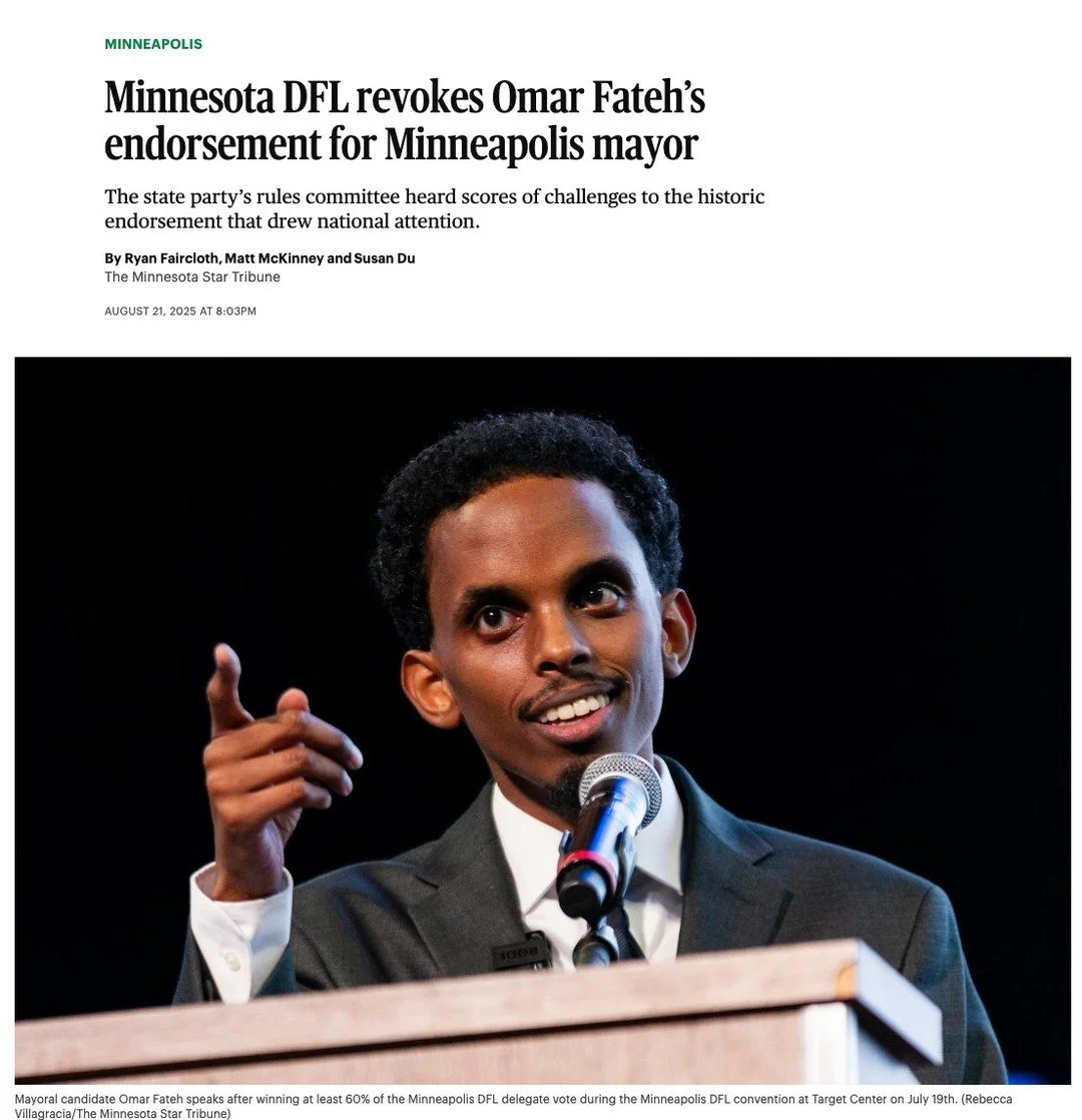 Today&rsquo;s announcement that DFL chose to side with big donors over working people and revoked the endorsement of @OmarFatehMN is unsurprising. It also reaffirms that the DFL will continue to trample on the will of the voters to appease their weal