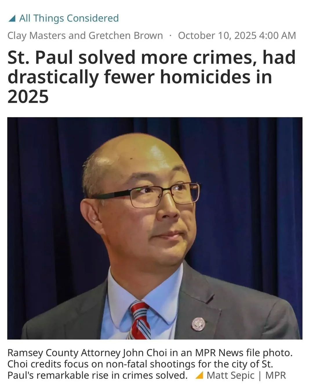 &ldquo;In 2024, the Minneapolis Police Department solved just 23 percent of nonfatal shootings. But a remarkable shift is under way in St. Paul. The city is on track for a 70 percent drop in homicides by the end of 2025. And they&rsquo;re solving mor